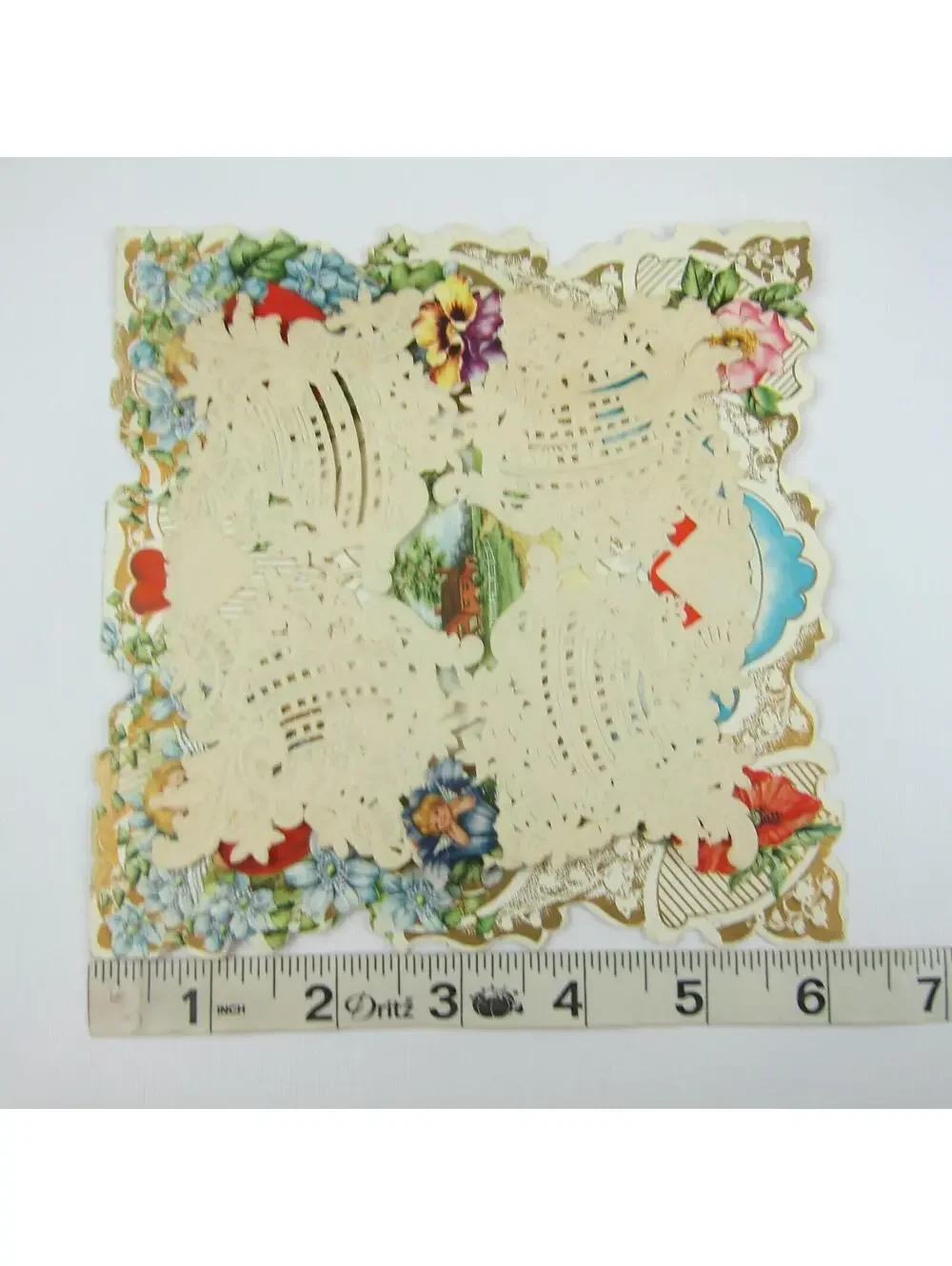 Antique Valentine Die cut Farm House Trees Flowers Cupid Boy Girl Canoe Embossed